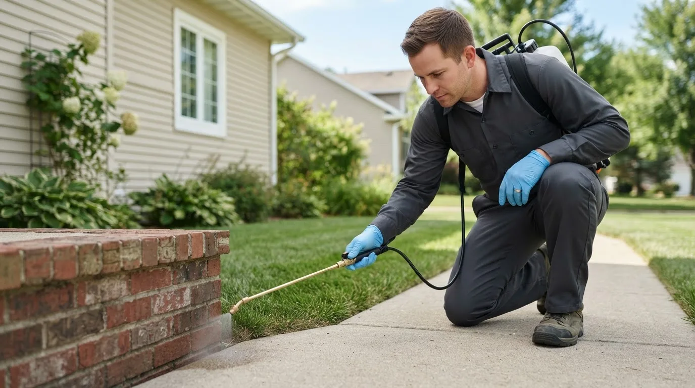 Pest control technician treating a home near Addieville, IL