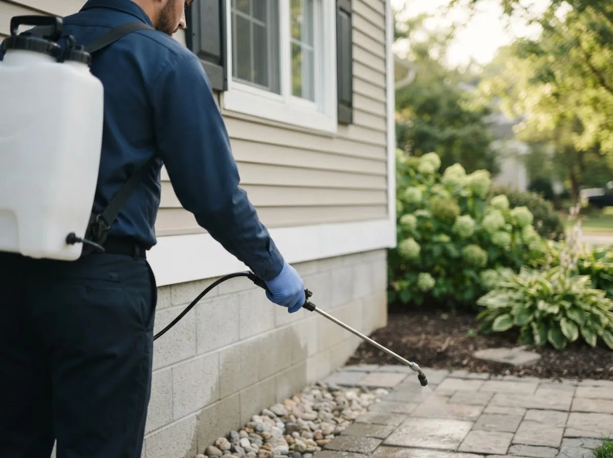 Pest control technician inspecting a home in Addieville, IL